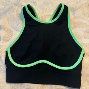Fabletics black and green sports bra with 3 prong closure